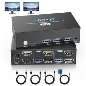 USB 3.0 HDMI KVM Switch 2 Monitors 2 Computers 4K@60Hz, KVM Switches Dual Monitor with 3 USB 3.0 Ports Sharing Keyboard and Mouse, Printer/Scanner, Desktop Controller, EDID Compatible