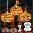 YOUNGAR Thanksgiving Pumpkin Window Lights, 6FT 48 LED Battery/USB Powered with Timer, Waterproof with 8 Modes Memory for Home Bedroom Birthday Party Indoor Outdoor Decor, Orange