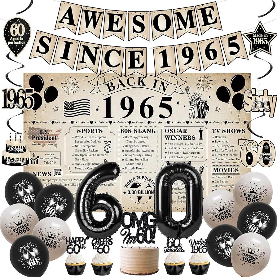 Roetyce 60th Birthday Decorations Women Men, Vintage Back in 1965 Poster Banner Balloons Hanging Swirls Cake Topper Kit, Retro Happy 60th Birthday Party Supplies, 60 Years Old Birthday Photo Backdrop