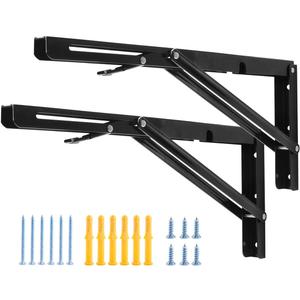 YUMORE 16 Inch Folding Shelf Brackets, Heavy Duty Collapsible Shelf Bracket, Black DIY L Bracket for Workbench Folding Table Hinge, Max Load: 330lb, Pack of 2