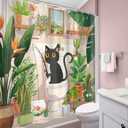 Funny Cat Shower Curtain 60Wx72H Kids Black Cat Cute Cartoon Animal Pet Kitten Tropical Plant Hilarious Fun Green Leaves Cactus Bathroom Decor Bath Curtain Fabric Polyester 12 Pack Hooks
