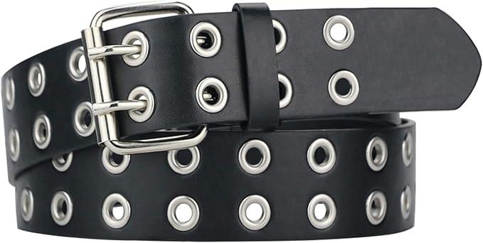 Macoking Grommet Leather Belts for Women, Black Belt For Teens with Chains - Double Studded Holes, Small