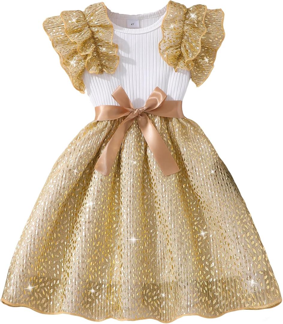 Girls Butterfly Birthday Dress Rainbow Tutu Sparkle Sequin Tulle Doubble Sleeve Ruffle Bowknot Dresses (White, S) 5-6Y