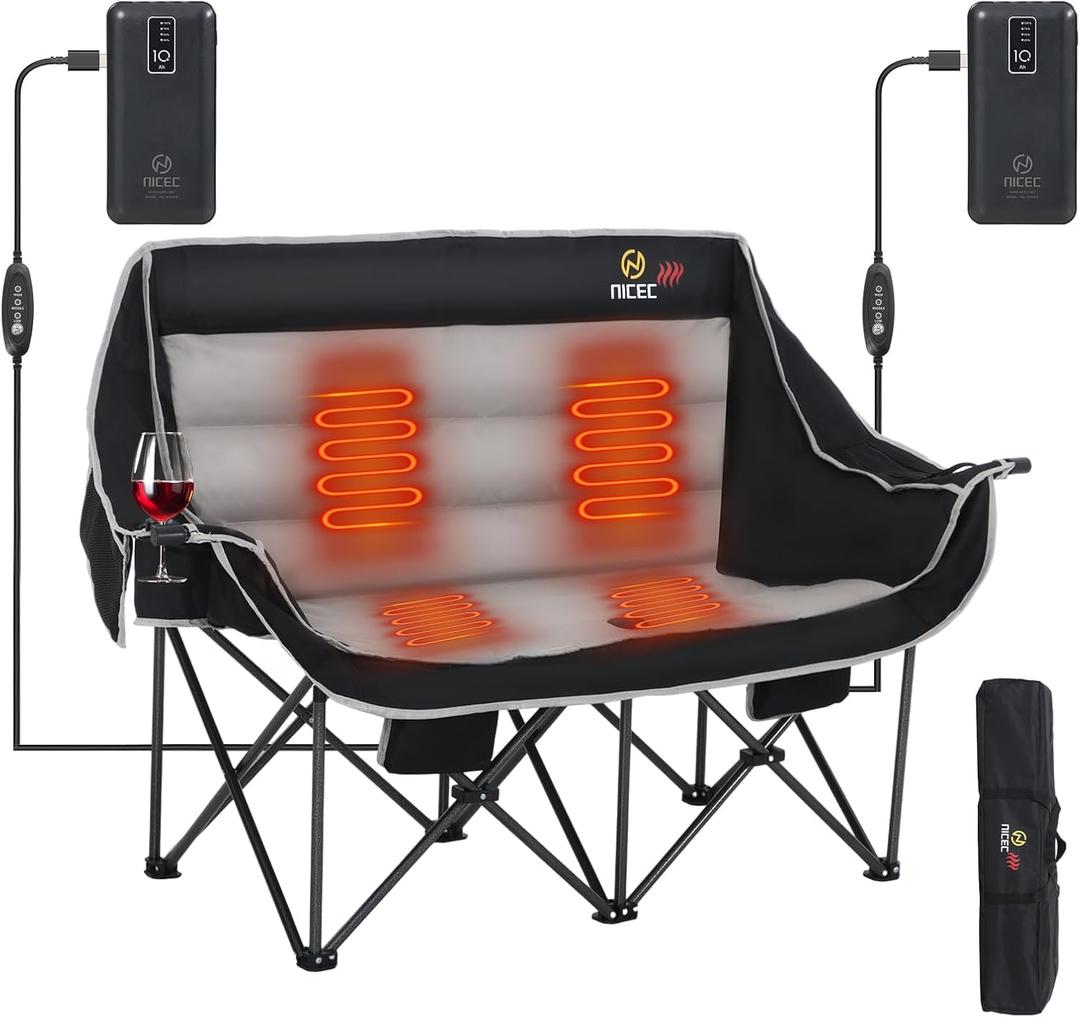 Nice C Heated Camping Chair with Battery, Outdoor Heated Folding Bench, Double Padded Loveseat for Adults, Camping Couch, with Cooler Bag, 2 Power Banks Included (Black&Grey), 55 inches x 17.3 inches x 35.6 inches