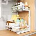 PXRACK(Small Version)1 Pack Under Sink Organizer, Adjustable Height, 2 Tier Pull Out Under Cabinet Organizer, Slide Out Thickened Metal Storage Shelf for Kitchen Bathroom Laundry Pantry Cabinet, White