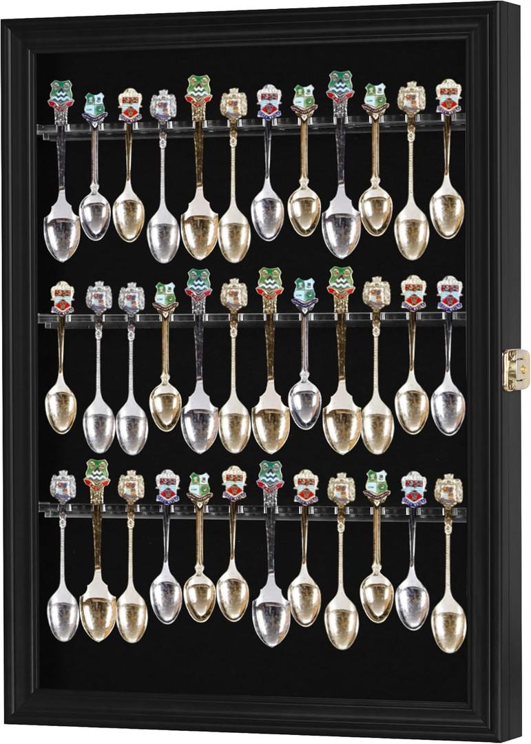36 Souvenir Tea Spoon Display Case Rack Wall Mountable Cabinet Frame with Lockable Door Black Finish