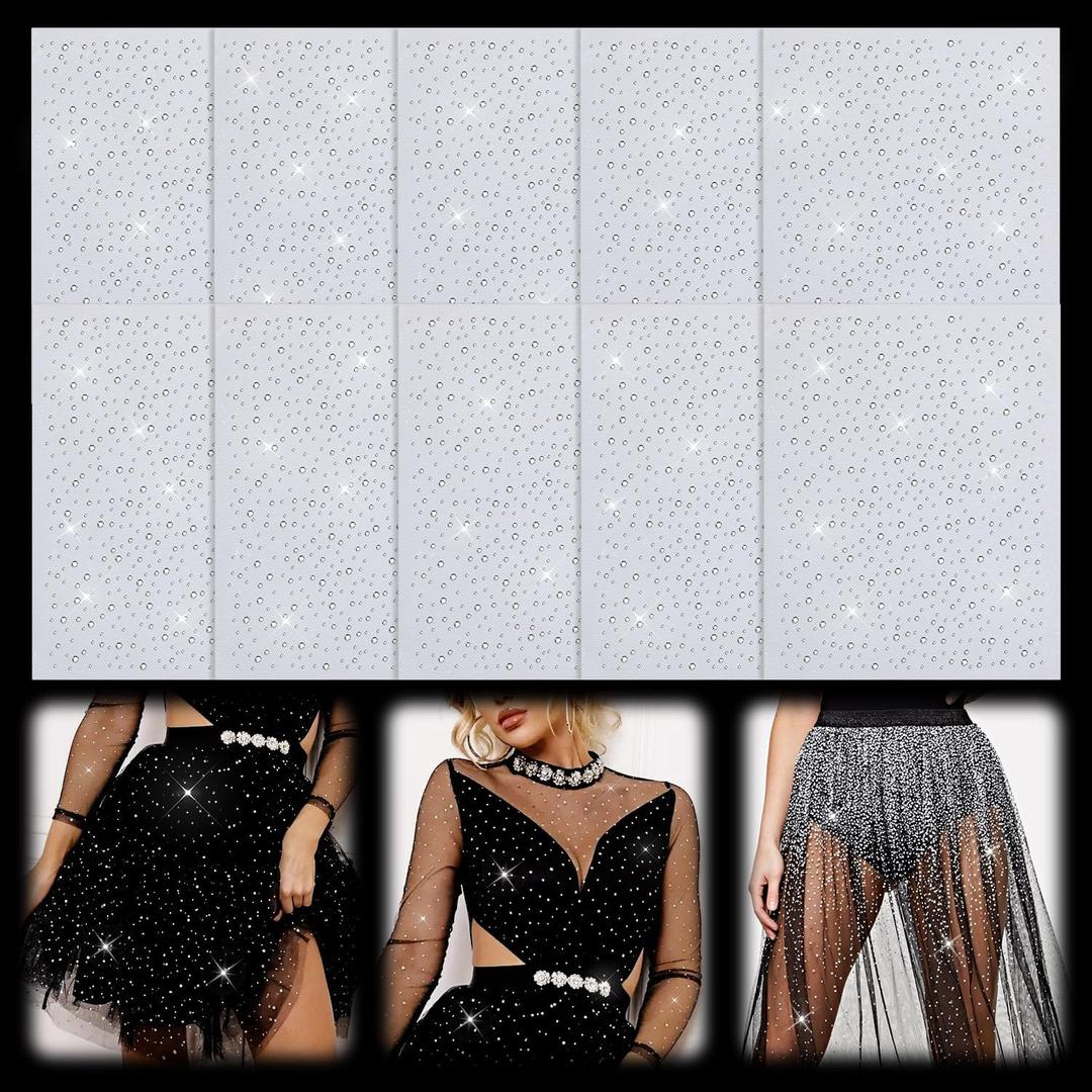10 Sheets Iron-on Rhinestone Sheets Transfers for Clothing, Glitter Crystal Hotfix Transfers Decals, Hot Melt Sparkle Flat Round Rhinestone Patches for Clothing Craft DIY Decor