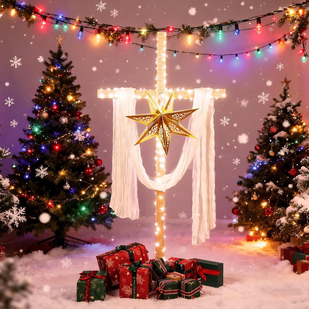 58 Inch Large Wooden Christmas Cross with 180 Lights, White Silk Scarf and Paper Star Lantern Lampshade, Jesus Christ Catholic Cross He is Risen Decor for Indoor Outdoor Holy Night