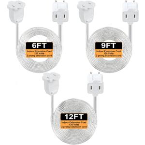 Kanayu 3 Pcs Ul Listed Extension Cord Indoor 6 ft 9 ft 12ft Heavy Duty 2 Prong Extension Cord 120 Volts Outlet Electric Extender Wire for Outdoor Christmas String Lights Connect Extend(Clear)