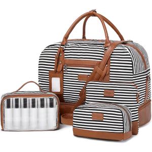 Wogarl 4PCS Weekender Bags for Women Large Overnight Weekend Travel Duffel Carry on Shoulder with Shoe Compartment Canvas Toiletry Bag for Travel Business Gym (Black White Stripe)