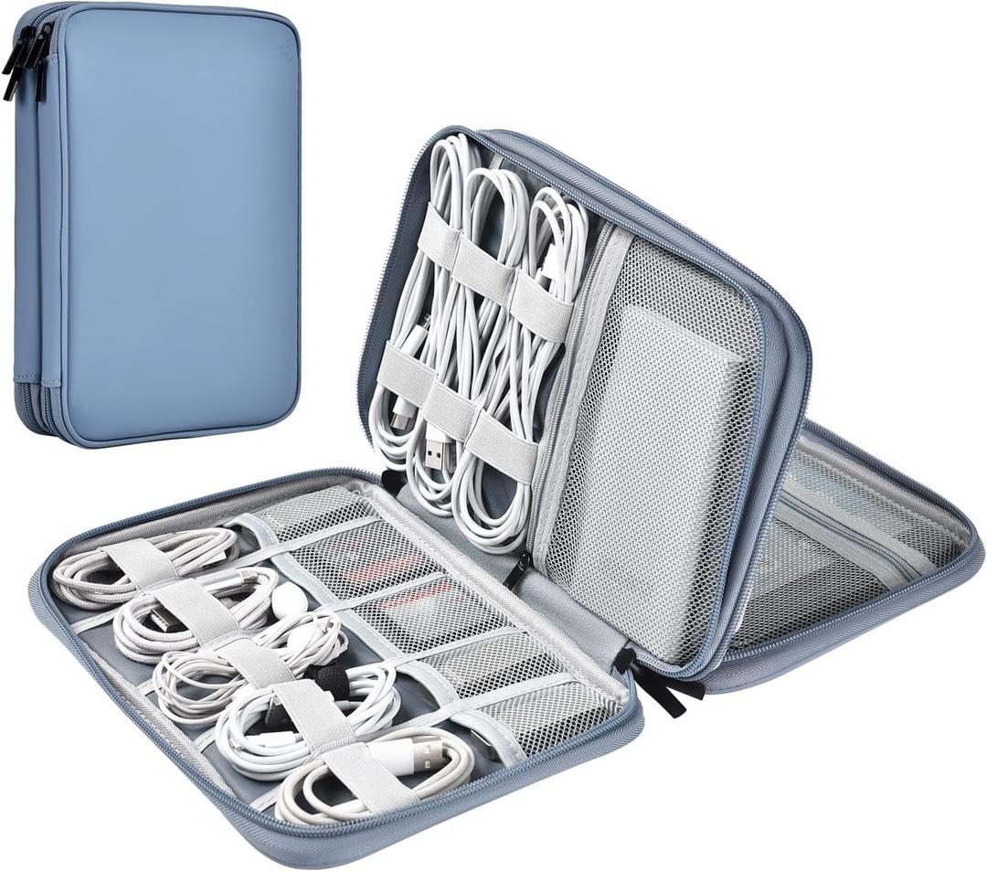 Leather Cord Organizer Travel Waterproof Travel Cable Organizer Bag Portable Tech Organizer Travel Case for Charger Electronic Accessories(Gray&Blue, Double Layer-Small)