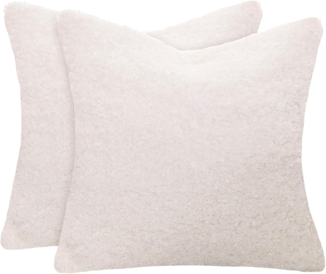 2 Pieces 17x17 Inch White Faux Fur Throw Pillow Cover Accent Sherpa Pillow Neutral Fuzzy Soft Pillowcases Sheepskin Decorative Fleece Cushion Case for Office Bed Couch Living Room Home Sofa Couch