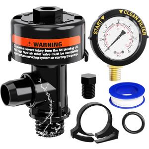 Manual Air Relief Valve for Pool and Spa Filters, Pool Filter Air Relief Valve with Pressure Gauge Replacement, Air Relief Valve for Pool Filter, Includes Gauge Plug, Pressure Gauge, O-Rings, Clips.