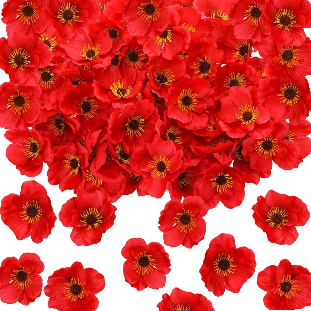 Zeyune 60 Pcs 3.15 Inch Red Poppy Flowers Veterans Day Artificial Poppy Heads Bulk Fake Silk Wicked Party Flowers for Halloween Wicked Trunk or Treat Decorations Carnival Memorial Day Backdrop Decor