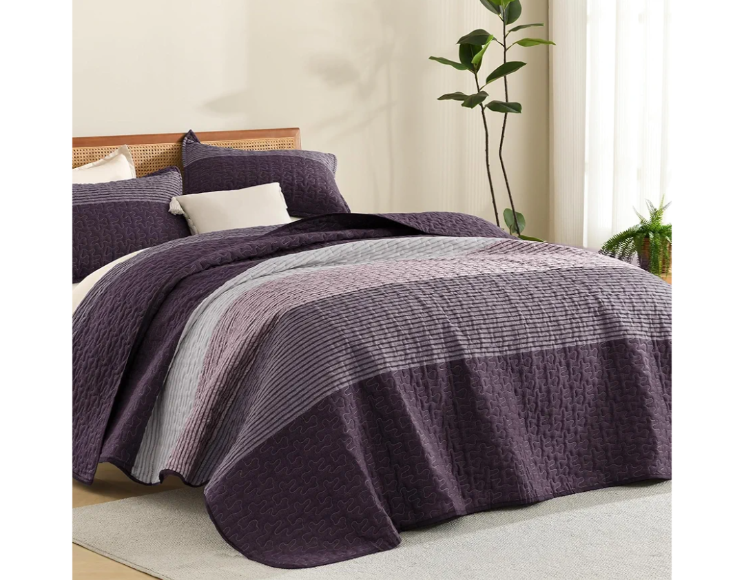 Litanika California King Quilt Set Purple and Grey - Cal King Oversized Stripe Comforter Bedspreads & Coverlets - Soft Lightweight Quilted Bedding Set for All Season(1 Quilt, 2 Pillowcases)