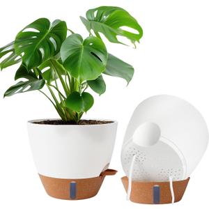 2 Pack 10 inch Plant Pots, Plastic Self Watering Planters with Drainage Holes, Deep Reservoir, Water Level Indicator, Modern Decorative Flower Pots for Indoor Outdoor Plants (White, 10 inch)