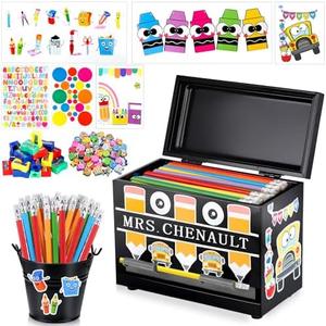 ywevyezc 159Pcs Pencil Dispenser for Classroom, Pencil Dispenser Kit with Pencils Sharpener Erasers Stickers Metal Bucket, Pen Holder for Desk Classroom Teacher Must Haves Office Supplies (Black)