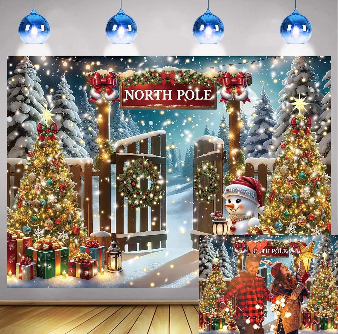 Christmas North Pole Backdrop Winter Snowy Forest Wooden Barn Door North Pole Xmas Tree Photography Background Winter Happy New Year Family Holiday Party Banner Decorations Photo Props 7x5FT