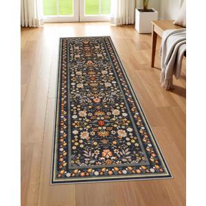Runner Rug for Hallways Kitchen: 2x6 Washable Area Rug Boho Floral Soft Long Rug - Non-Slip Low Pile Throw Indoor Carpet for Entryway Kitchen Bedroom Laundry Bathroom - Black Grey
