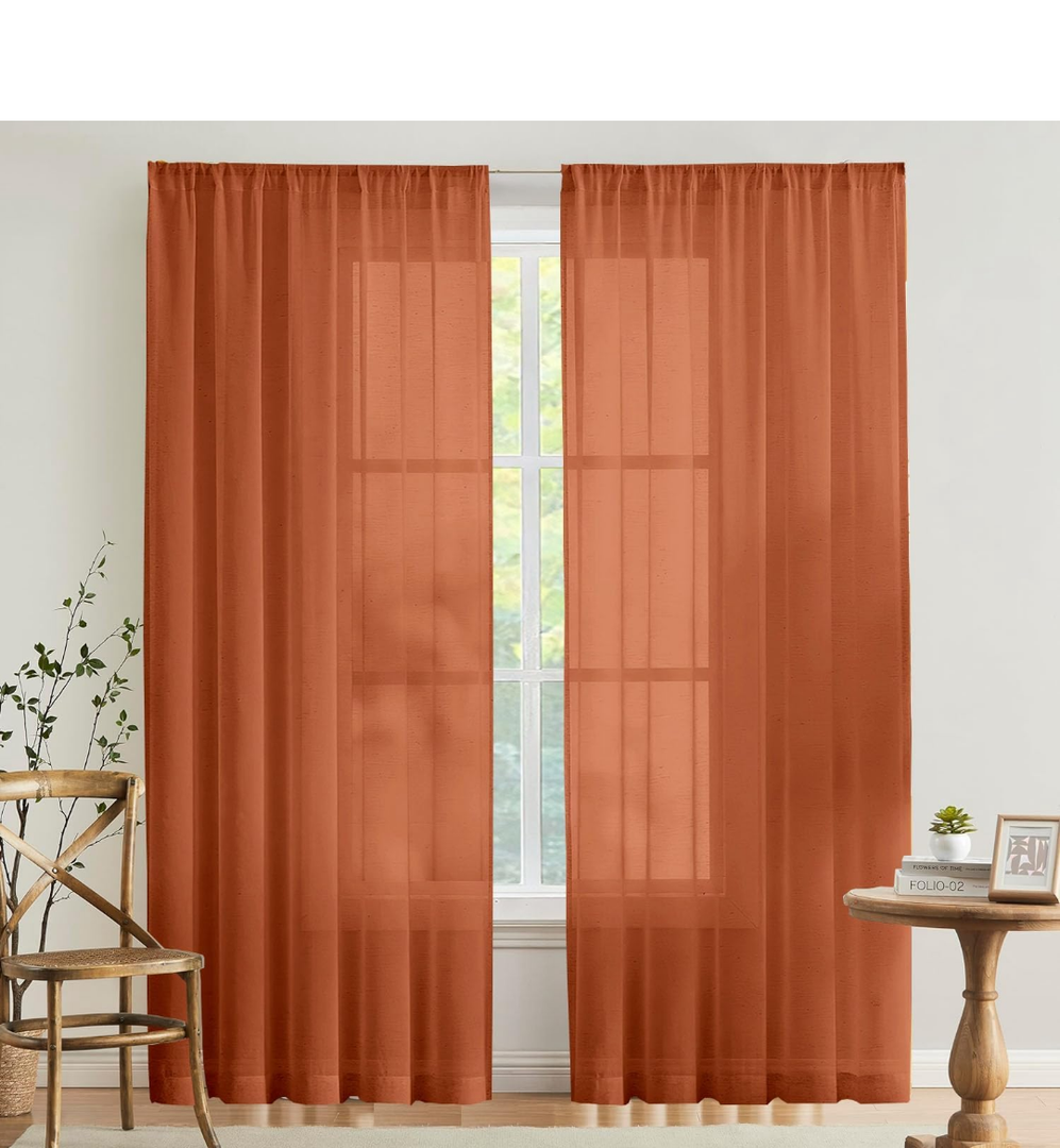 Burnt Orange Privacy Semi Sheer Curtains 84 Inch Length for Living Room 2 Panels Rod Pocket Dark Orange Drapes Terracotta Light Filtering Curtains for Bedroom Boho Farmhouse Rust Copper Brown Curtain