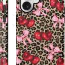 Case Compatible with for iPhone 17 6.3'', Cute Cherry Pink Bow Vintage Leopard Pattern Phone Case, Aesthetic Scratch Resistant Cover Shockproof 2 in 1 Silicone + Hard PC Design for Girls Women Men