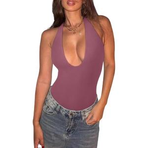 REORIA Bodysuits for Women Halter Tops 2025 Summer V Neck Backless Body Suits Tank Top Trendy Fashion Clothing, Large
