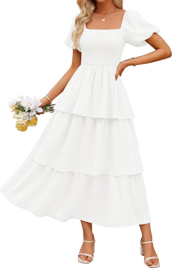 ZESICA Women's Summer Smocked Midi Dress 2026 Casual Puff Short Sleeve Flowy Tiered Boho Beach Vacation Long Dresses, White, Small