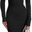 BEAGIMEG Women's Sexy Bodycon Long Sleeves Ruched Square Neck Party Club Midi Dress (Black)