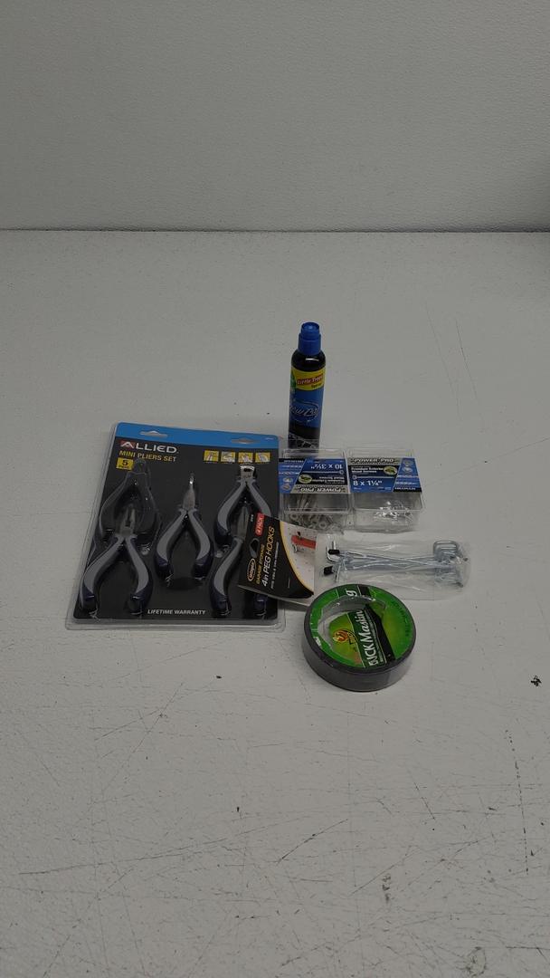 Pack of 6: 1) Allied 90554 Mini Pliers Set - 5 Piece; 2) Power Pro Premium Exterior Wood Screw 8 x 1-1/4-in; 3) Power Pro 10 x 3-1/2-in Epoxy Exterior Wood Screws (25-Per Box); 4) 4 in Peg Hooks, 4 Pcs; 5) Little Trees 2 Oz. Pump Spray Car, Home and Office Air Freshener, New Car; 6) Duck Colored Duct Tape