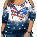 MNLYBABY Plus Size American Flag Shirt Women 4th of July Tee Shirt USA Stars Stripes T-Shirt Patriotic Cold Shoulder Tops 3 XL