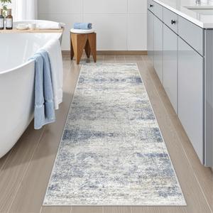 Washable Runner Rugs for Bedroom - 2x6 Runner Rug Non Slip, Ultra-Thin Entryway Runner, Soft Abstract Kitchen Runner for Hallway, Laundry, Indoor Door Mat(2'x6', Blue/Brown/Ivory)
