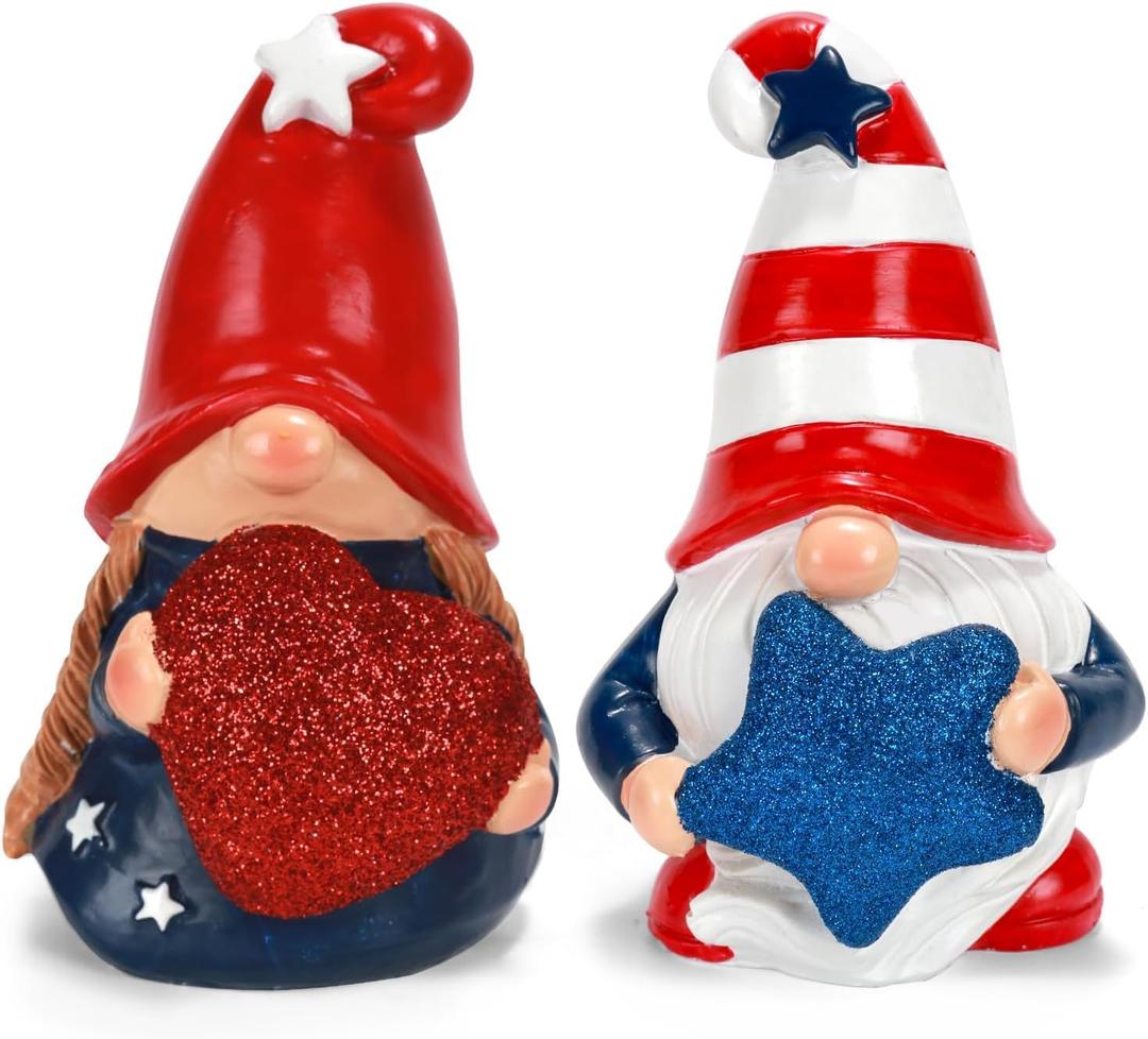 2 x 4th of July Decorations Patriotic Gnome Figurines, Set of 2 Resin Gnome Couple Statues, Red White and Blue Memorial Day Decor for Home Outdoor Garden Tiered Tray Shelf Mantel Desk Tabletop Centerpiece