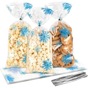 Jutieuo Christmas Snowflake Cellophane Treat Bags, 100PCS Winter Candy Goodie Cookie Bags Plastic with Twist Ties for Xmas Wonderland Holiday Party Supplies (Blue White)