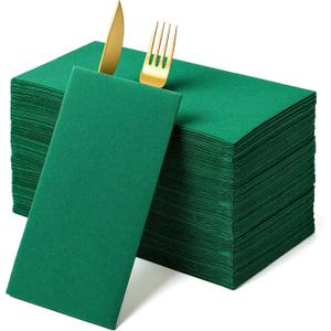 100 Pack 17"x12" Disposable Dinner Napkins Linen Feel Paper Napkins Pre-Folded with Built-in Flatware Pocket for Wedding Party Kitchen