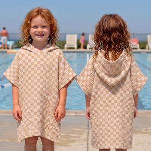 Frienda Muslin Hooded Beach Towel for Kids 3-6 Years Soft Muslin Bath Poncho for Baby Absorbent Fast Drying Blankets for Boys Girls Newborns Toddler Beach Pool Bath Essentials(Checkered, Brown, White)