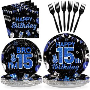 Grencian 96Pcs 15th Birthday Party Decorations for Boys Blue and Black 15th Birthday Plates Disposable Official Teen 15 Tableware for Teen Boy Im 15 Bro 15 Years Old Halloween Party Serves 24