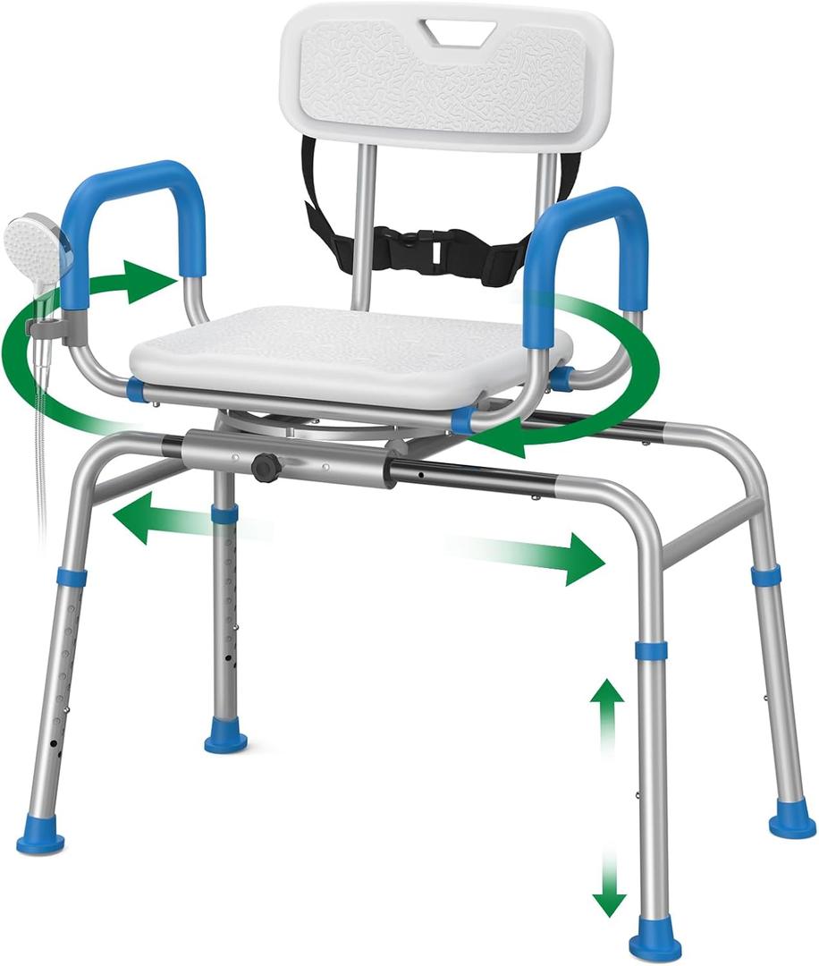 Loyoda FSA/HSA Eligible Sliding Shower Chair Tub Transfer Bench for Bathtub with Swivel Seat, Shower Bench with Pivoting Arms, Height Adjustable Shower Seat, 350 lbs,White&Blue,Standard