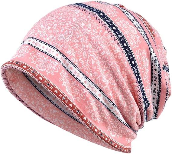 Women's Baggy Slouchy Beanie Chemo Hat Cap Scarf, 2 Pcs, Pink/Black