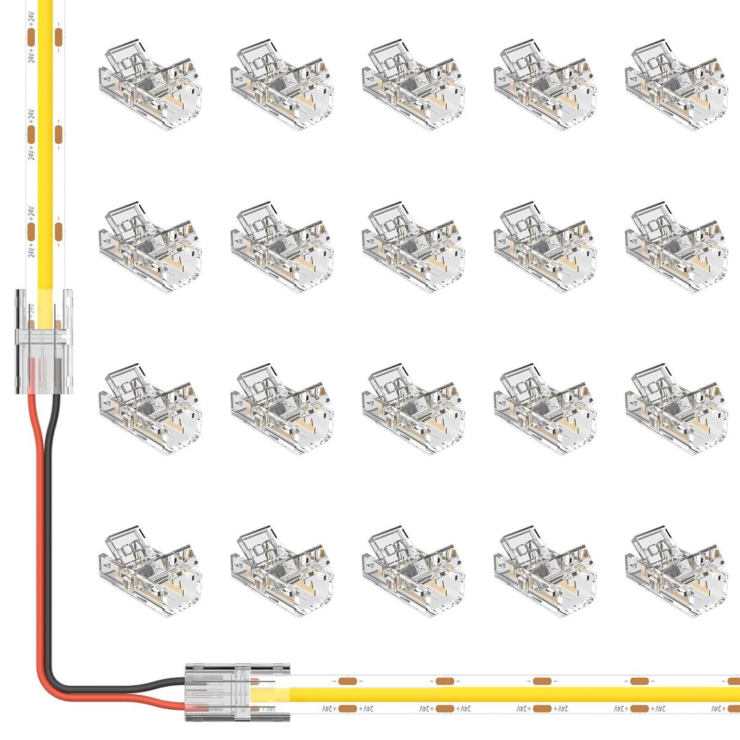 MIWISE 8mm Connectors Kit for 2-Pin COB LED Strip,20Pcs Strip-to-Wire Connectors,Solderless Extension Connectors for 5V/9V/12V/24V Single Color COB LED Strip Lights,for DIY Lighting Projects