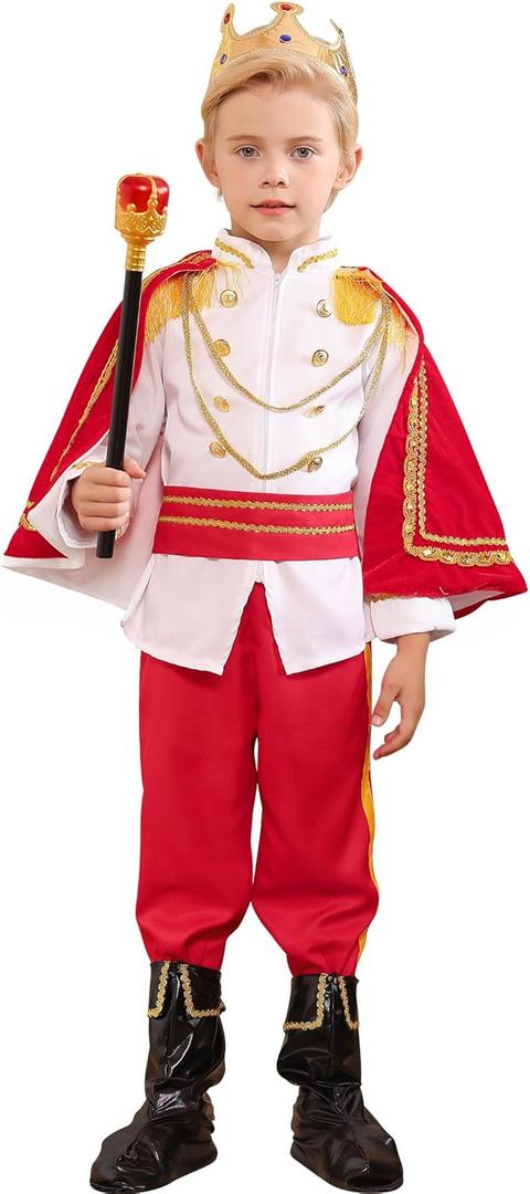 FYMNSI Kids Boys King Prince Charming Costume Halloween Christmas Outfits Storybook Royal Medieval Knight Cosplay Dress Up (7-8T, White Truncheon Suit 7pcs)