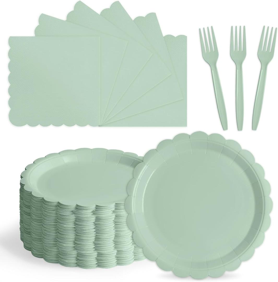 105PCS Paper Plates and Napkins Set, 7 Inch Scalloped Disposable Tableware with Forks for Birthdays, Garden Parties & Outdoor Events,Serves 35 (Sage Green)