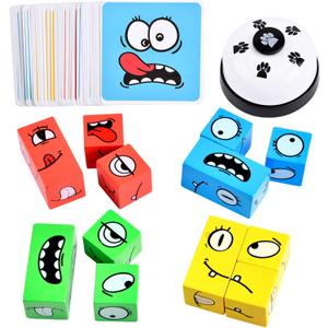 Wooden Face Changing Magic Cube Game, Expression Puzzle Building Blocks Pattern Matching Game, Educational Puzzles Toy Board Games for Kids and Adults with Bell