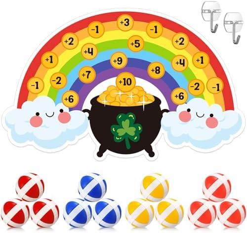 Wettarn St. Patricks Day Game Set 27x18 Rainbow Dart Board with 12 Sticky Balls St Patricks Day Party Games Irish Outdoor Activities Favors Shamrock Rainbow Decor