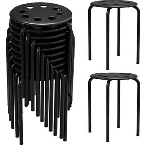 12 Pack Black Plastic Stack Stools - Stackable Stools with Metal Frame, Backless, Round Top for Students, Adults, School, Office, Home