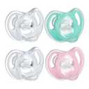 Tommee Tippee Ultra-Light Silicone Pacifier, 0-6 Months, Symmetrical One-Piece Design, BPA-Free Silicone Binkies, Clear/Green/Pink, Pack of 4