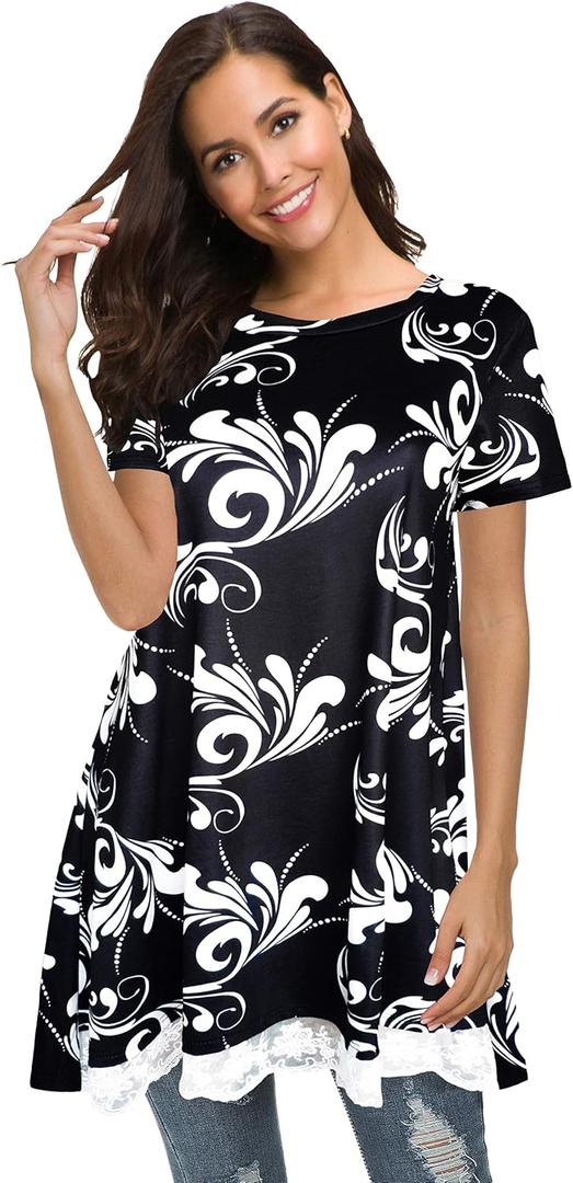 Afibi Womens Short Sleeve Tunic Tops A-Line Flowy Lace Trim Shirt Blouse