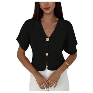 SOLY HUX Women's Short Sleeve Cardigan Sweater Spring Office Clothes Button Down V Neck Slim Fit Elegant Knit Tops Plain Black X-Small