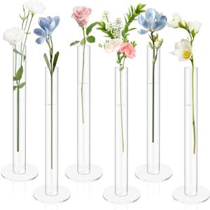 6 Pcs Cylinder Bud Vases for Centerpieces, 7.9" Acrylic Clear Small Tall Slim Flower Vases for Single Rose, Home Aesthetic Wedding Table Decorations for Party Desk Decor