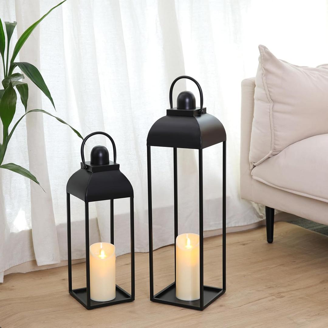 MATAHUM 25'' 19'' Lanterns Decorative Outdoor Indoor, Black Metal Outdoor Candle Lanterns, Set of 2 Modern Farmhouse Decorative Lantern for Fireplace, Patio, Porch, Floor, Christmas Lantern (No Glass)