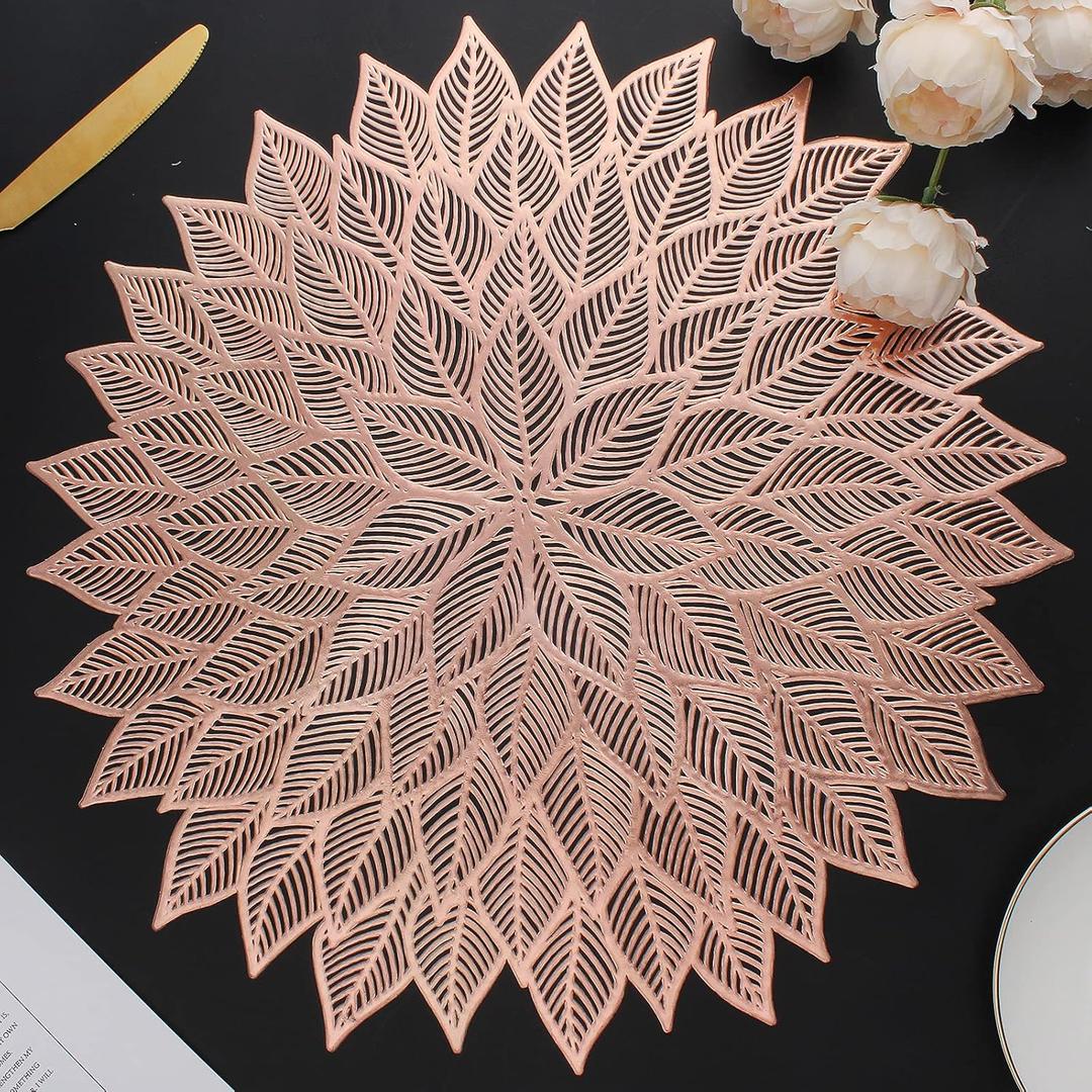 Placemats Set of 4, Round Hollow Out Flowers Place Mats for Dining Table Pressed Vinyl Blooming Leaf Table Mats for Holiday Party Wedding Accent Centerpiece Dinner Table Decoration (Rose Gold)